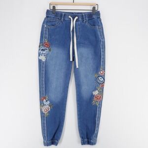 Driftwood Jeans Womens M Blue Floral Jogger Embroidered Drawstring Elastic Waist